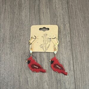 Handcrafted Red Beaded Bird Earrings